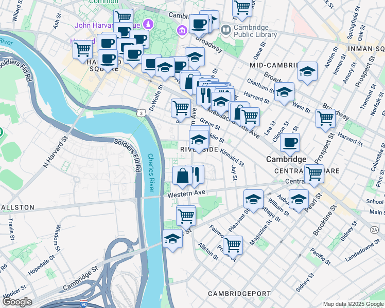 map of restaurants, bars, coffee shops, grocery stores, and more near 81 Putnam Avenue in Cambridge