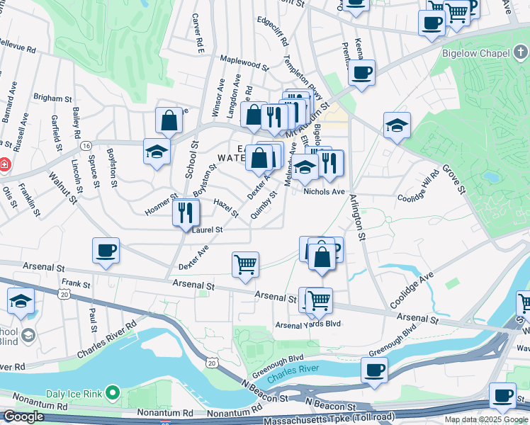map of restaurants, bars, coffee shops, grocery stores, and more near 78 Dexter Avenue in Watertown