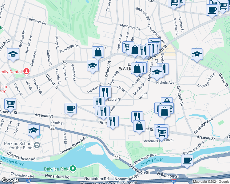 map of restaurants, bars, coffee shops, grocery stores, and more near 67 Hazel Street in Watertown
