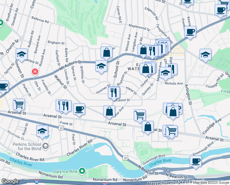 map of restaurants, bars, coffee shops, grocery stores, and more near 153 Boylston Street in Watertown