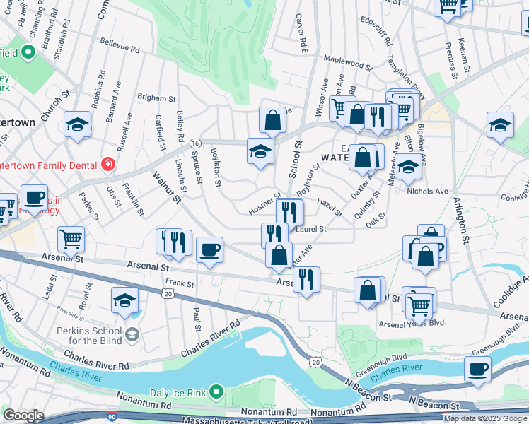 map of restaurants, bars, coffee shops, grocery stores, and more near 21 Hosmer Street in Watertown