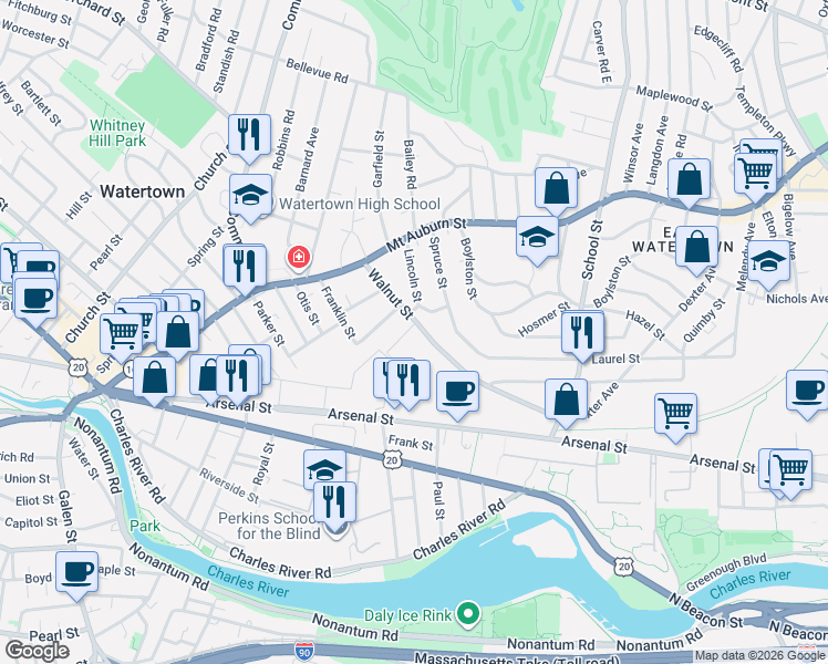map of restaurants, bars, coffee shops, grocery stores, and more near 61 Lincoln Street in Watertown