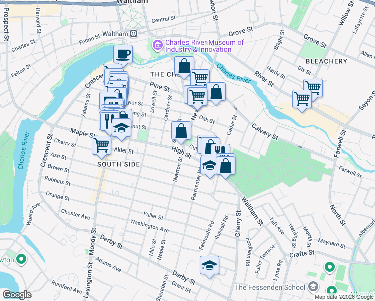 map of restaurants, bars, coffee shops, grocery stores, and more near 15 Clinton Street in Waltham