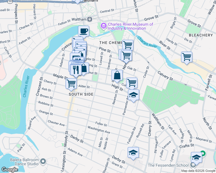 map of restaurants, bars, coffee shops, grocery stores, and more near 80 High Street in Waltham