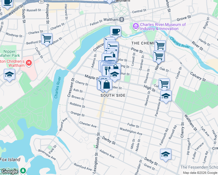 map of restaurants, bars, coffee shops, grocery stores, and more near in Waltham
