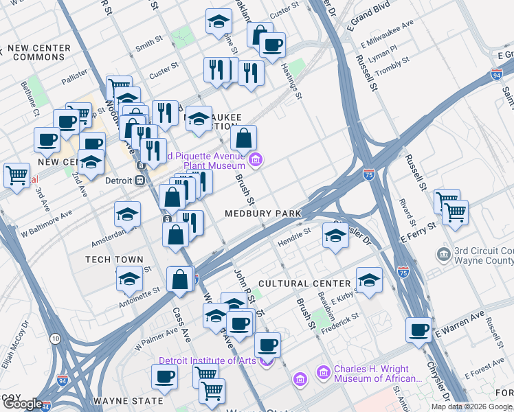 map of restaurants, bars, coffee shops, grocery stores, and more near 2 Brush Street in Detroit
