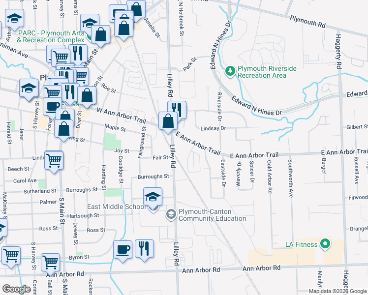 map of restaurants, bars, coffee shops, grocery stores, and more near 233 East Ann Arbor Trail in Plymouth
