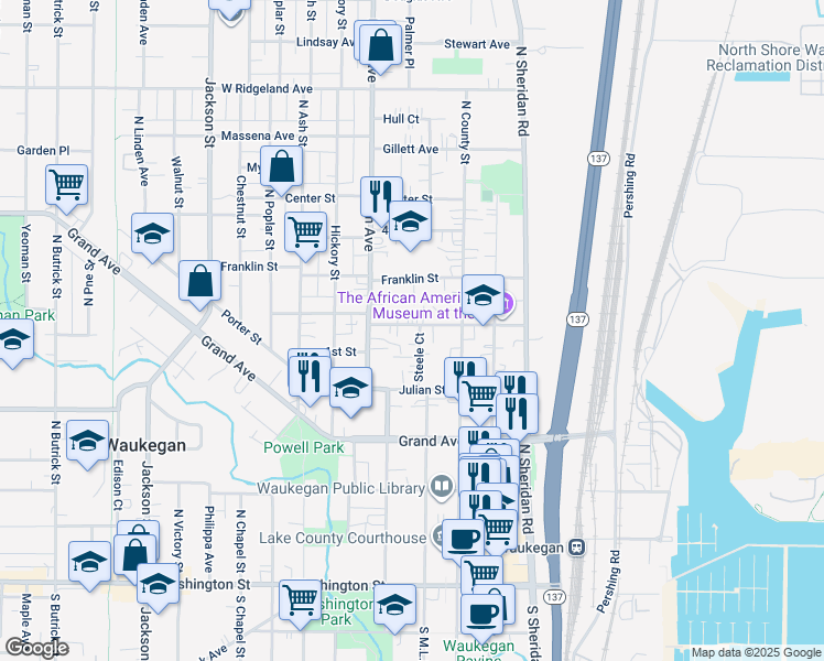 map of restaurants, bars, coffee shops, grocery stores, and more near 336 Cory Avenue in Waukegan