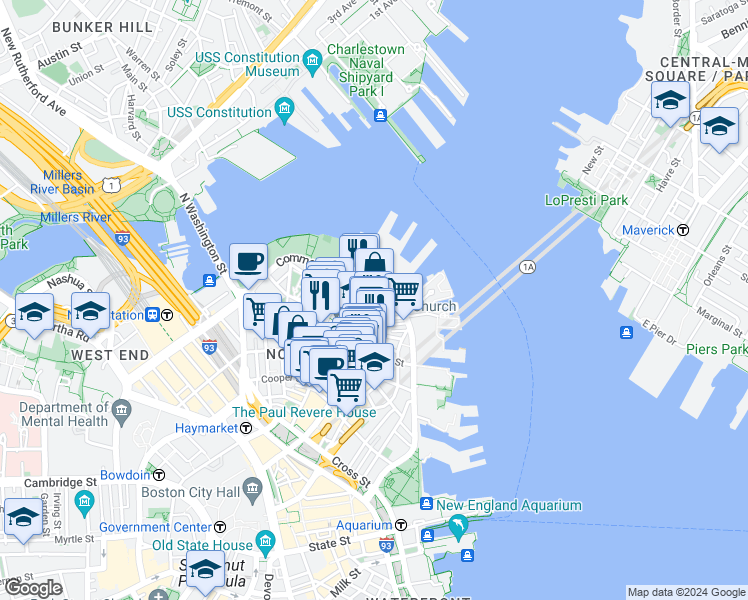 map of restaurants, bars, coffee shops, grocery stores, and more near 452 Hanover Street in Boston