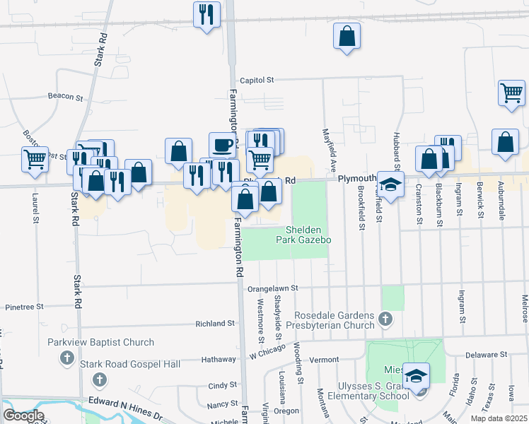 map of restaurants, bars, coffee shops, grocery stores, and more near 33151 Plymouth Road in Livonia