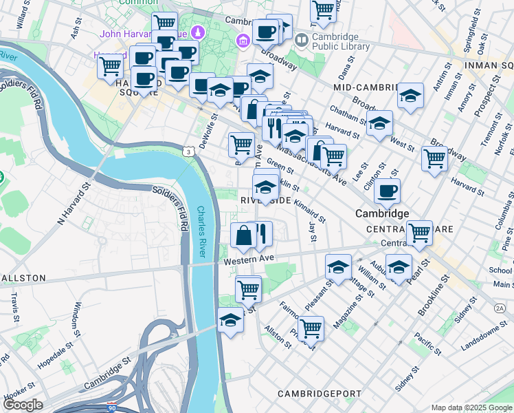 map of restaurants, bars, coffee shops, grocery stores, and more near 100 Putnam Avenue in Cambridge