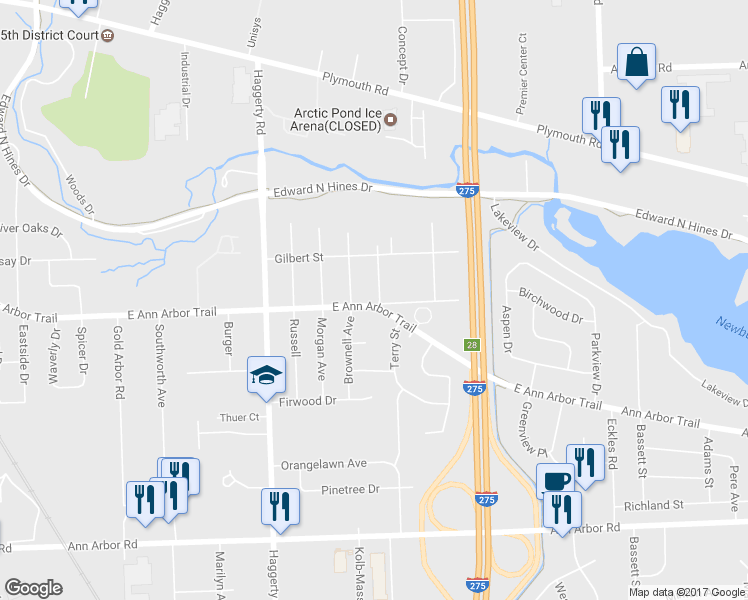 map of restaurants, bars, coffee shops, grocery stores, and more near 40512 East Ann Arbor Trail in Plymouth