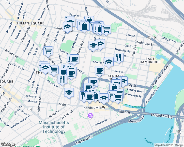 map of restaurants, bars, coffee shops, grocery stores, and more near 301 Binney Street in Cambridge