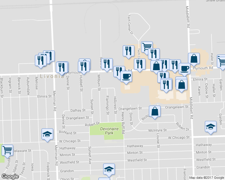 map of restaurants, bars, coffee shops, grocery stores, and more near 30445 Elmira Street in Livonia