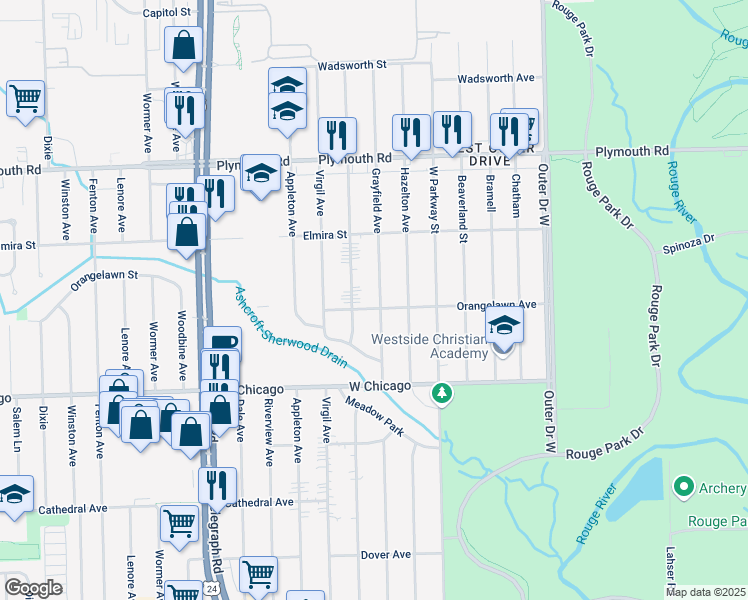 map of restaurants, bars, coffee shops, grocery stores, and more near 9907 Grayfield in Redford Charter Township