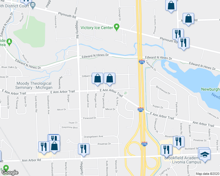map of restaurants, bars, coffee shops, grocery stores, and more near 40522 Ann Arbor Trail in Plymouth