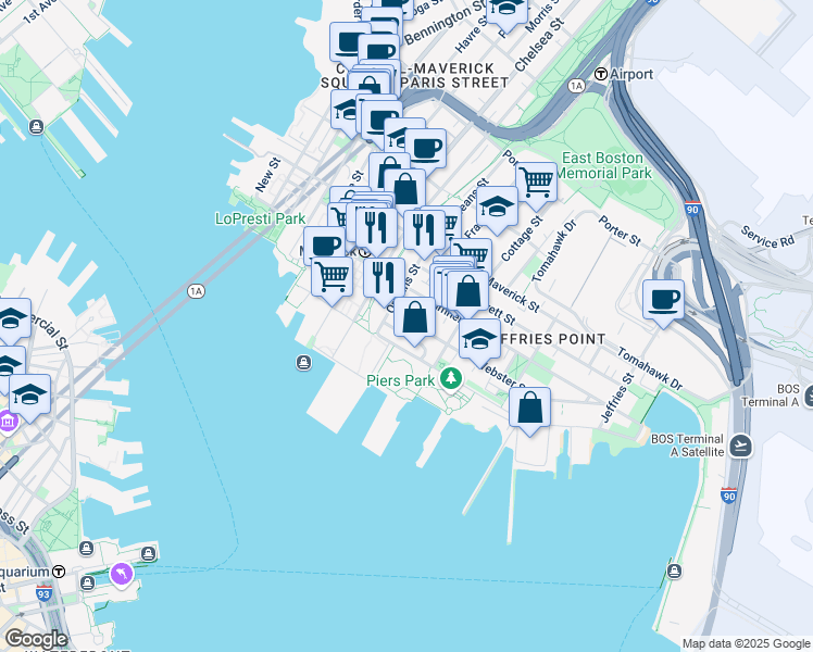 map of restaurants, bars, coffee shops, grocery stores, and more near 77 Webster Street in Boston