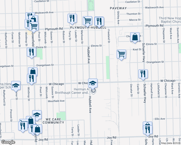 map of restaurants, bars, coffee shops, grocery stores, and more near 9590 Hubbell Avenue in Detroit