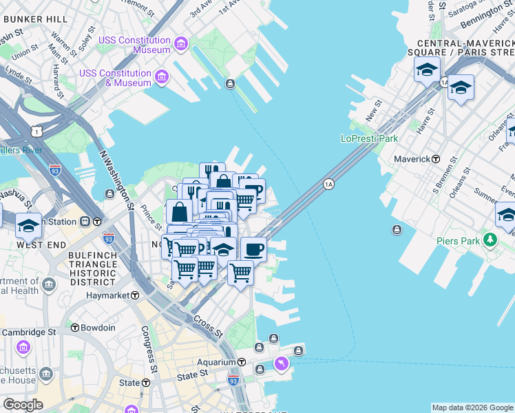 map of restaurants, bars, coffee shops, grocery stores, and more near 40 Battery Wharf in Boston