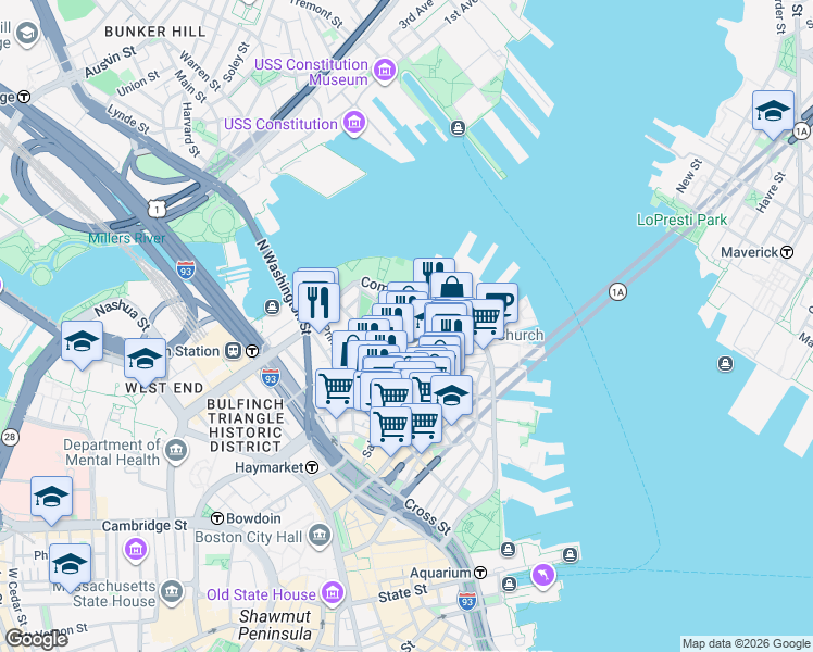 map of restaurants, bars, coffee shops, grocery stores, and more near 501 Commercial Street in Boston