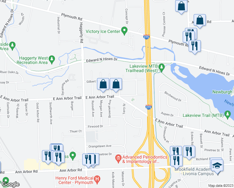 map of restaurants, bars, coffee shops, grocery stores, and more near 40516 East Ann Arbor Trail in Plymouth