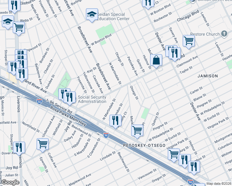 map of restaurants, bars, coffee shops, grocery stores, and more near 4556 Joy Road in Detroit
