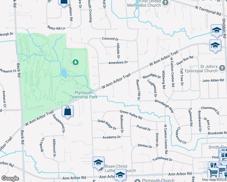 map of restaurants, bars, coffee shops, grocery stores, and more near Tuscany Court in Plymouth Charter Township