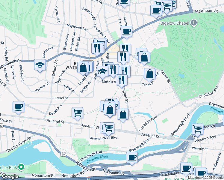 map of restaurants, bars, coffee shops, grocery stores, and more near 22 Nichols Avenue in Watertown