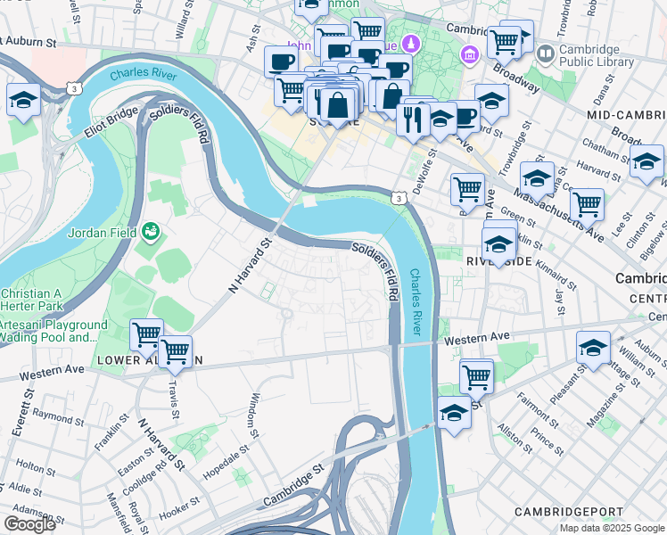map of restaurants, bars, coffee shops, grocery stores, and more near 44 Harvard Way in Boston