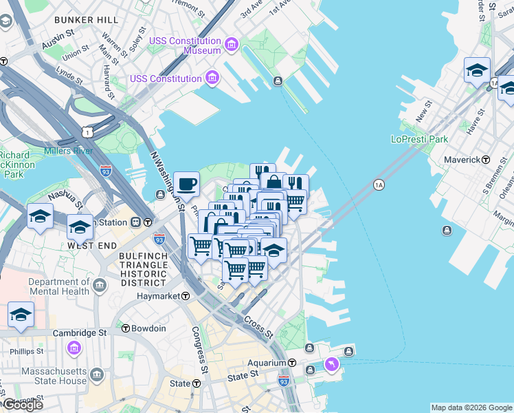 map of restaurants, bars, coffee shops, grocery stores, and more near 24 Henchman Street in Boston