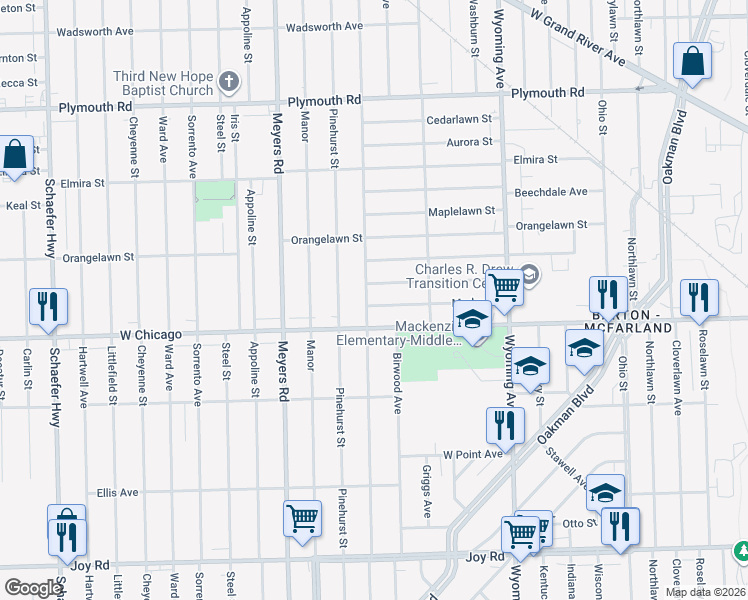 map of restaurants, bars, coffee shops, grocery stores, and more near 10431 Crocuslawn Avenue in Detroit