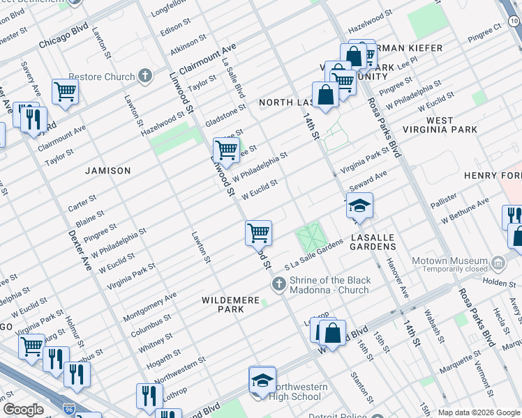 map of restaurants, bars, coffee shops, grocery stores, and more near 2483 West Euclid Street in Detroit