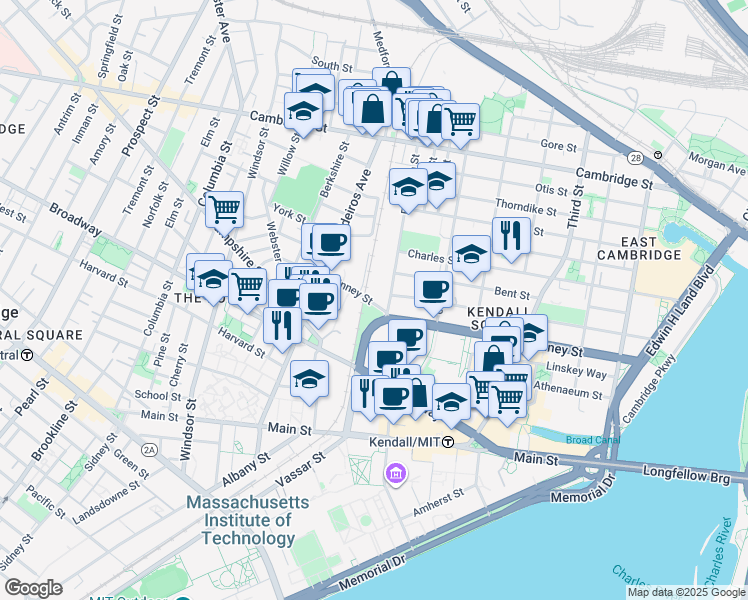 map of restaurants, bars, coffee shops, grocery stores, and more near 325 Binney Street in Cambridge