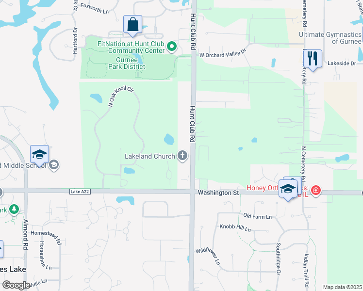 map of restaurants, bars, coffee shops, grocery stores, and more near 500 Hunt Club Road in Gurnee