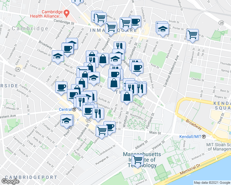 map of restaurants, bars, coffee shops, grocery stores, and more near Harvard St & Columbia St in Cambridge
