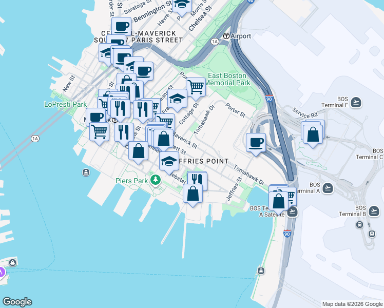 map of restaurants, bars, coffee shops, grocery stores, and more near 296 Maverick Street in Boston