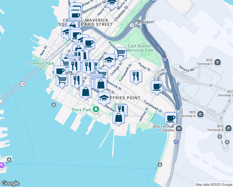 map of restaurants, bars, coffee shops, grocery stores, and more near 98 Everett Street in Boston