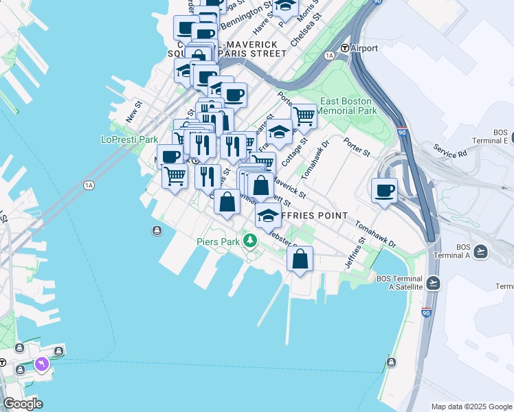 map of restaurants, bars, coffee shops, grocery stores, and more near 68 Cottage Street in Boston
