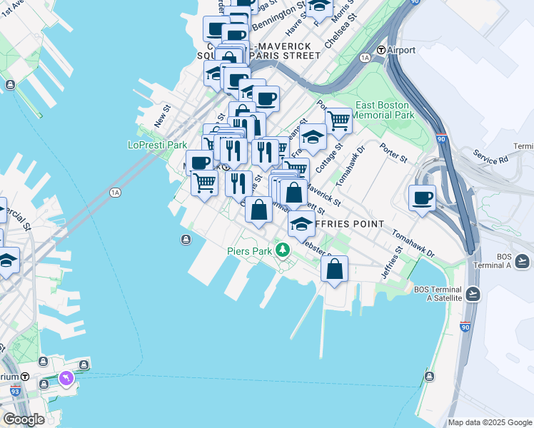map of restaurants, bars, coffee shops, grocery stores, and more near 16 Cottage Street in Boston