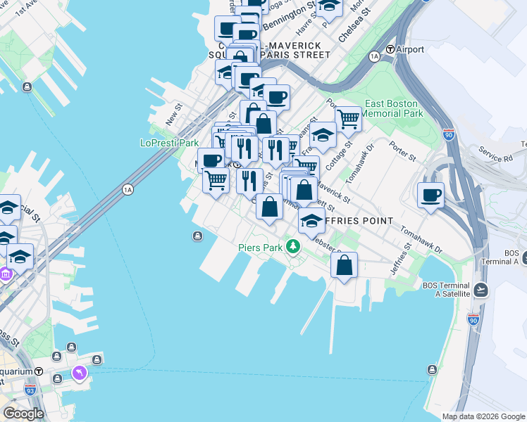 map of restaurants, bars, coffee shops, grocery stores, and more near 30 Orleans Street in Boston
