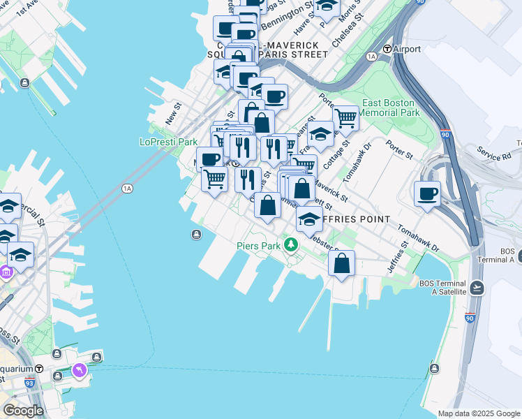 map of restaurants, bars, coffee shops, grocery stores, and more near 30 Orleans Street in Boston