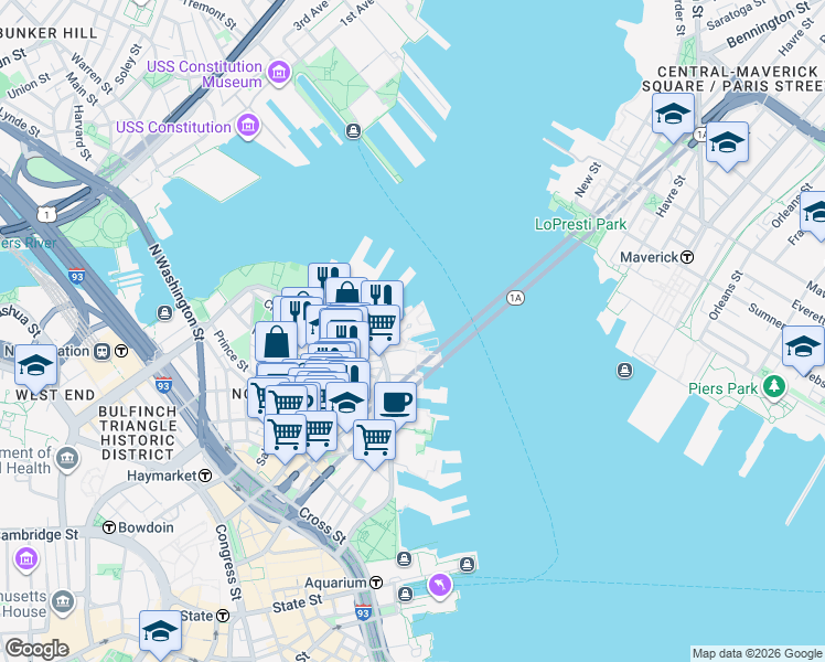 map of restaurants, bars, coffee shops, grocery stores, and more near 3 Battery Wharf in Boston
