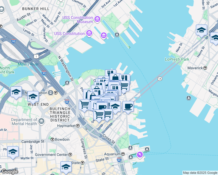 map of restaurants, bars, coffee shops, grocery stores, and more near in Boston