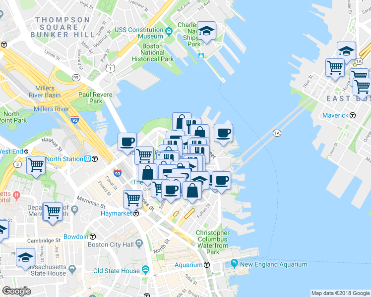 map of restaurants, bars, coffee shops, grocery stores, and more near in Boston