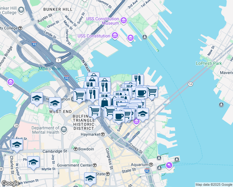 map of restaurants, bars, coffee shops, grocery stores, and more near 50 Snow Hill Street in Boston