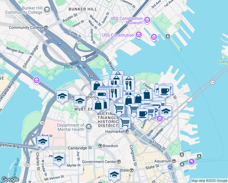 map of restaurants, bars, coffee shops, grocery stores, and more near 160-170 North Washington Street in Boston