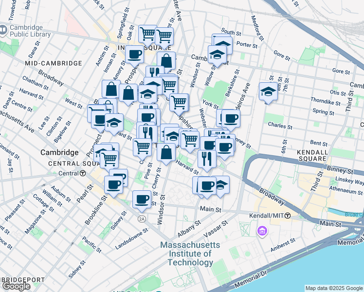 map of restaurants, bars, coffee shops, grocery stores, and more near in Cambridge