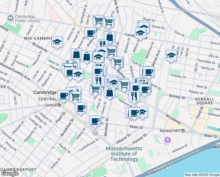 map of restaurants, bars, coffee shops, grocery stores, and more near in Cambridge