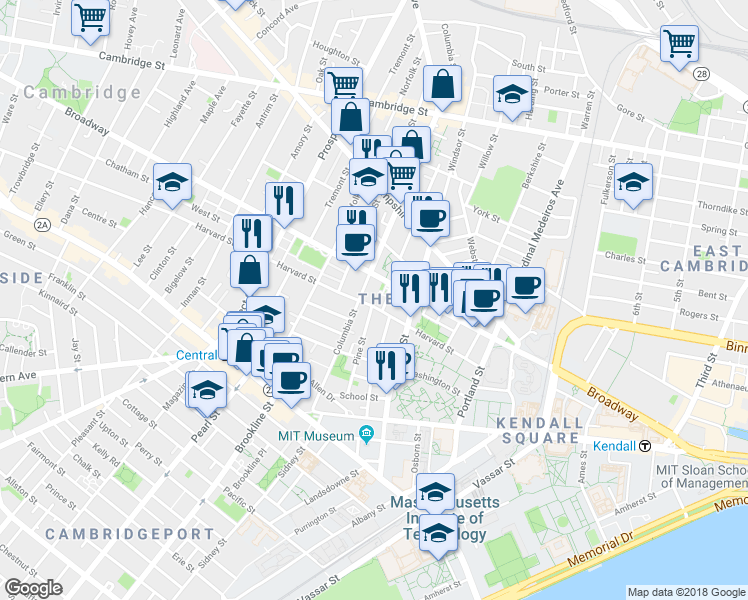 map of restaurants, bars, coffee shops, grocery stores, and more near 268 Broadway in Cambridge