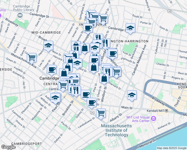 map of restaurants, bars, coffee shops, grocery stores, and more near 14 Elm Street in Cambridge